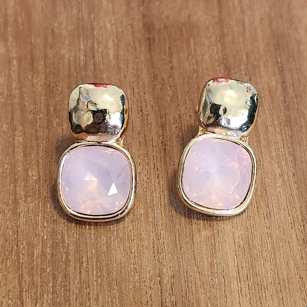Gold Tone Hammered Pink Cushion Cut Stone Drop Post Earrings Women 0.75"